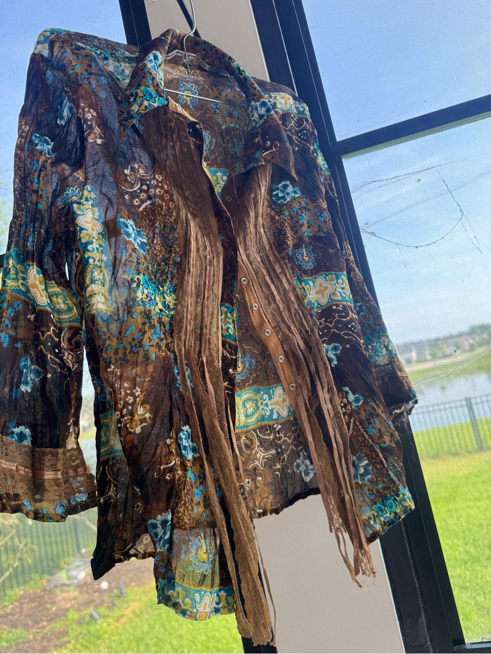 2000’s y2k Boho Fringe Button-Down Blouse in Brown & Teal Floral